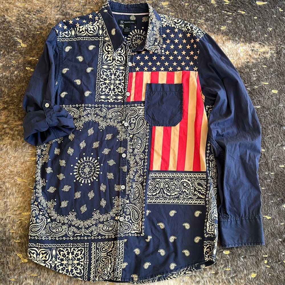 INC Concepts Women Abstract Print American Flag Memorial Cotton LS Shirt - M